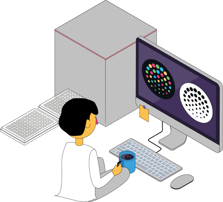 Illustration of a scientist using an IRIS 2 FluoroSpot and ELISpot reader