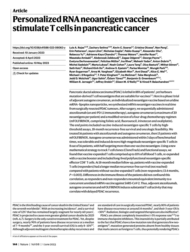 First page of Nature article on novel personalized neoantigen vaccines